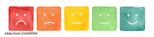Watercolour illustration set of five simple faces with negative and positive emotion; square shaped. Hand painted water color drawing on white background, cutout clip art elements for creative design.