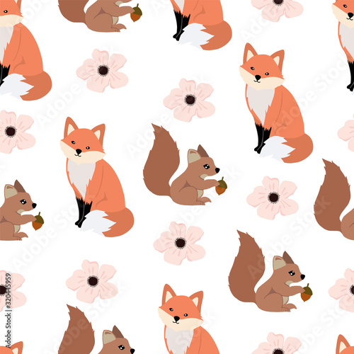 Cute woodland background with squirrel fox.Vector illustration seamless pattern for background wallpaper frabic.Editable element