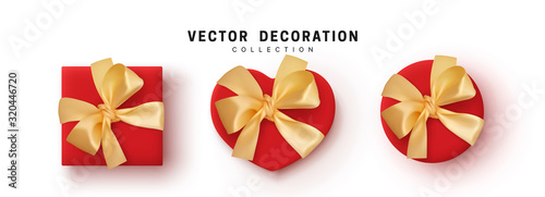 Gift Boxes Vector. Set Festive Realistic Objects. Red Gift Box tied ribbon bow from string fabric silk beige. Holiday Presents Different shape