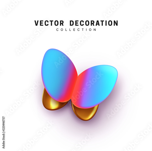 Abstract 3d butterfly. Vector Elegant Butterflies. Insects moth volume shape. Natural Design Elements. Gradient holographic and golden color.