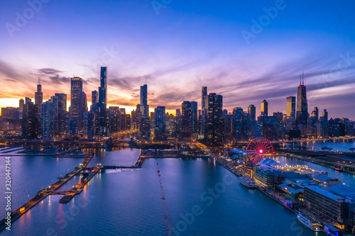 Chicago downtown buildings skyline sunset evening