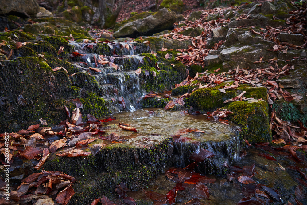 Fototapeta premium Small waterfall in the autumn forest.