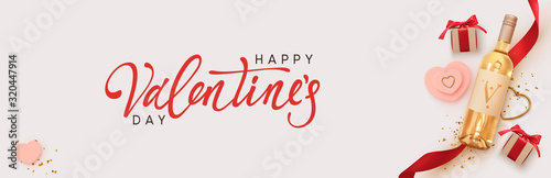 Happy Valentines Day. Design with realistic two bottles of alcohol wine white varieties, gift box with red ribbon and bow, golden 3d hearts and glitter confetti. Romantic background. Vector objects