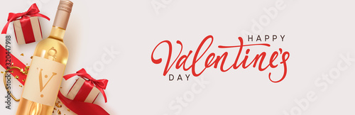 Happy Valentines Day. Design with realistic two bottles of alcohol wine white varieties, gift box with red ribbon and bow, golden 3d hearts and glitter confetti. Romantic background. Vector objects
