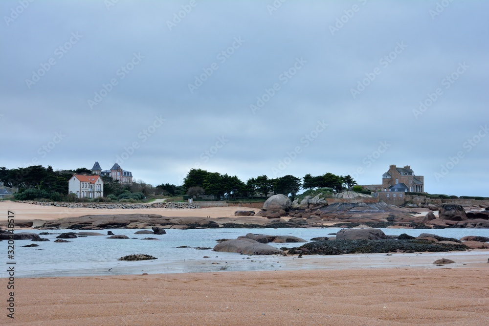 beautiful view of the pink granite coast in Brittany. France