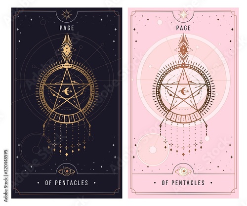 PAGE OF PENTACLES . Minor Arcana secret card, black with gold and silver card, pink with gold, Tarot cards. Sign of the magic pentacle with inscriptions. Isolated vector illustration on a white backgr