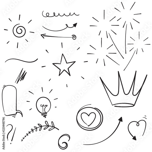 set of doodle elements. Arrow, heart, love, speech bubble, star, leaf, sun,light,check marks ,crown, king, queen,Swishes, swoops, emphasis ,swirl, heart in hand drawn style