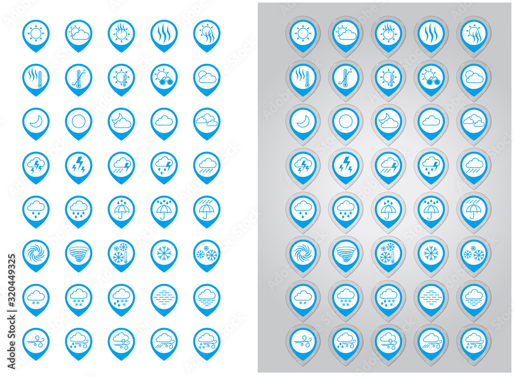 Weather Icon Set.Weather icon set inside a Polka-shaped button.Icon with jelly and transparent border.