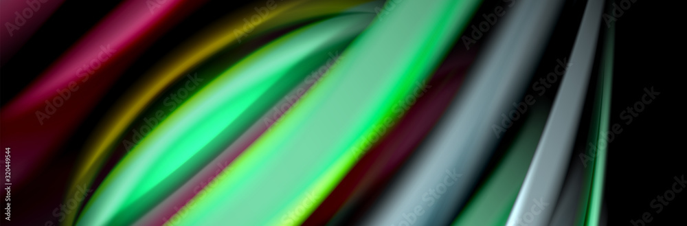 Silk and smooth flow wave poster design. Color waves, liquid style lines and shapes in black color background Silk and smooth flow wave poster design. Color waves, liquid style lines and shapes in black color background