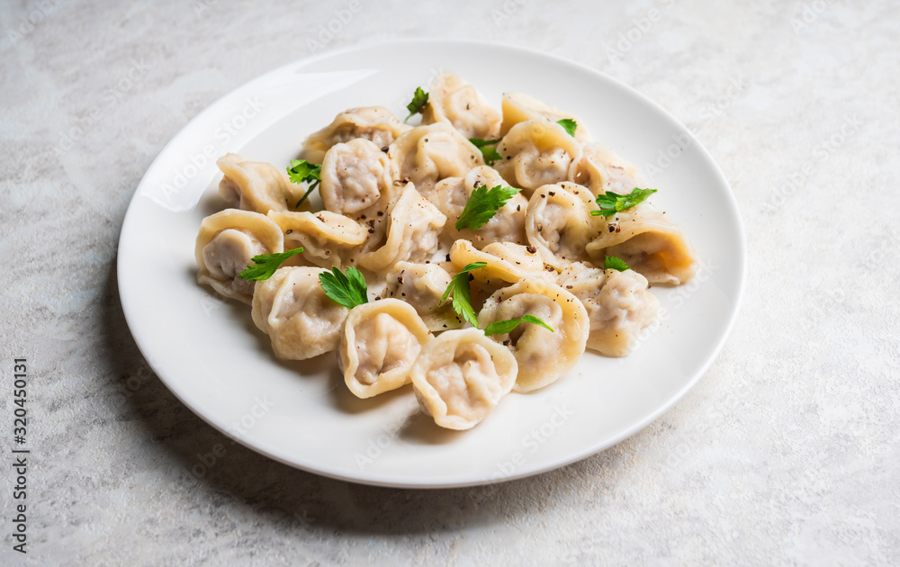 Pelmeni Russian national kitchen. Boiled dumplings with beef. Selective focus. Shallow depth of field. Pelmeni Russian national kitchen. Boiled dumplings with beef. Selective focus. Shallow depth of field.