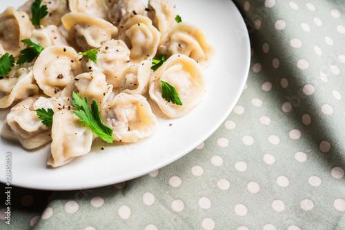 Pelmeni Russian national kitchen. Boiled dumplings with beef. Selective focus. Shallow depth of field.
