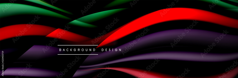 Fototapeta premium Сolorful flow poster. Wave liquid lines and shapes in black color background. Vector Illustration