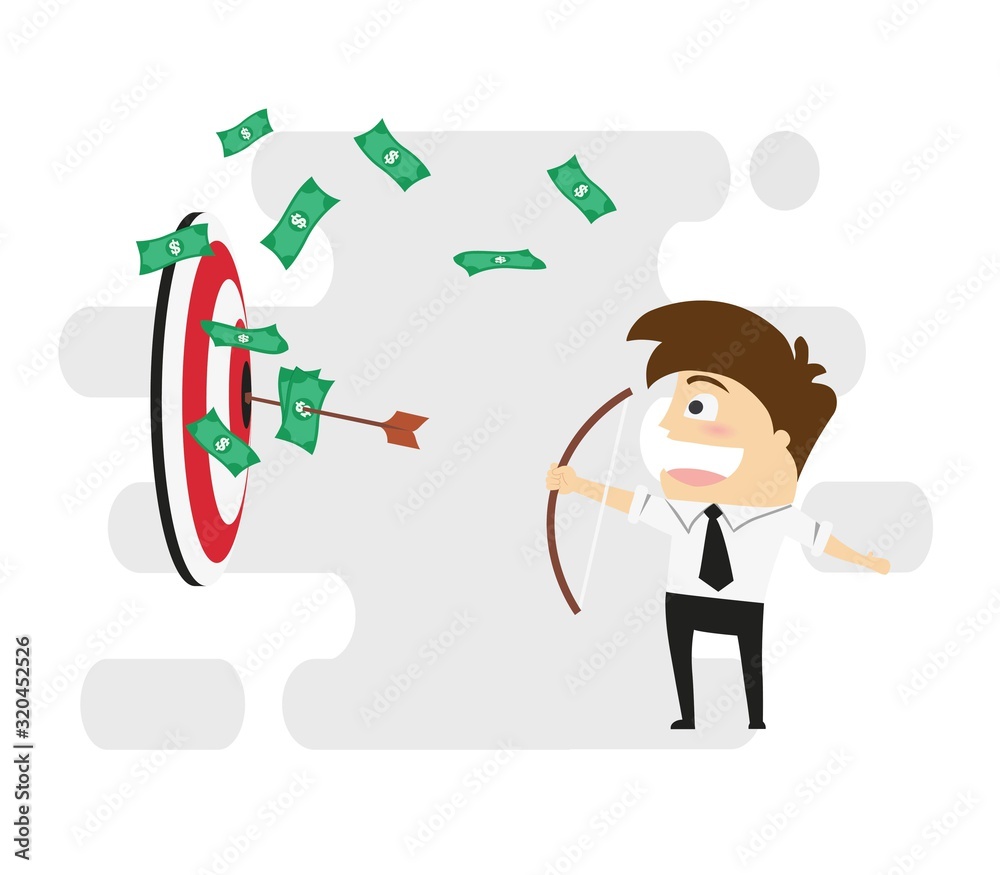 Businessman Shoots Arrow To The Target. Business Concept Cartoon Illustration