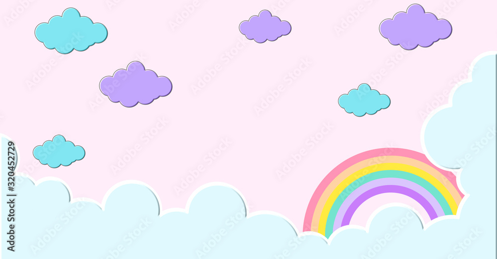 Abstract kawaii Cool Colorful Cloud Sky rainbow background. Soft gradient pastel Comic graphic. Concept for children and kindergartens or presentation