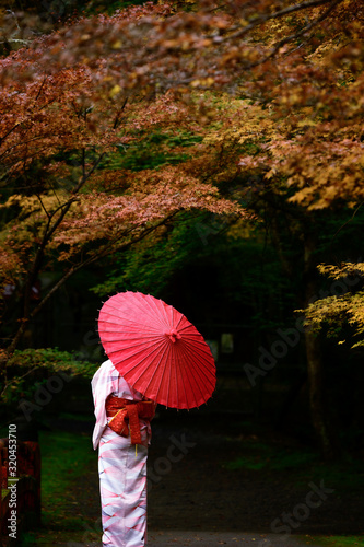 woman in old fashion style wearing traditional or original Japanese dressed  walks in the middle of street of the village garden autumn park  japan old fashion style attractive in season change