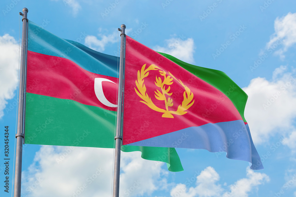 Eritrea and Azerbaijan flags waving in the wind against white cloudy blue sky together. Diplomacy concept, international relations. Eritrea and Azerbaijan flags waving in the wind against white cloudy blue sky together. Diplomacy concept, international relations.