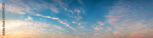 Panorama of Dramatic vibrant color with beautiful cloud of sunrise and sunset. Panoramic image.
