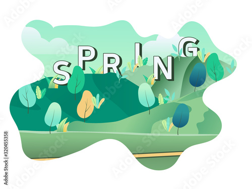 Background of flat spring landscape. bright vibrant banners  posters  cover design templates  social media stories wallpapers with spring leaves and flowers