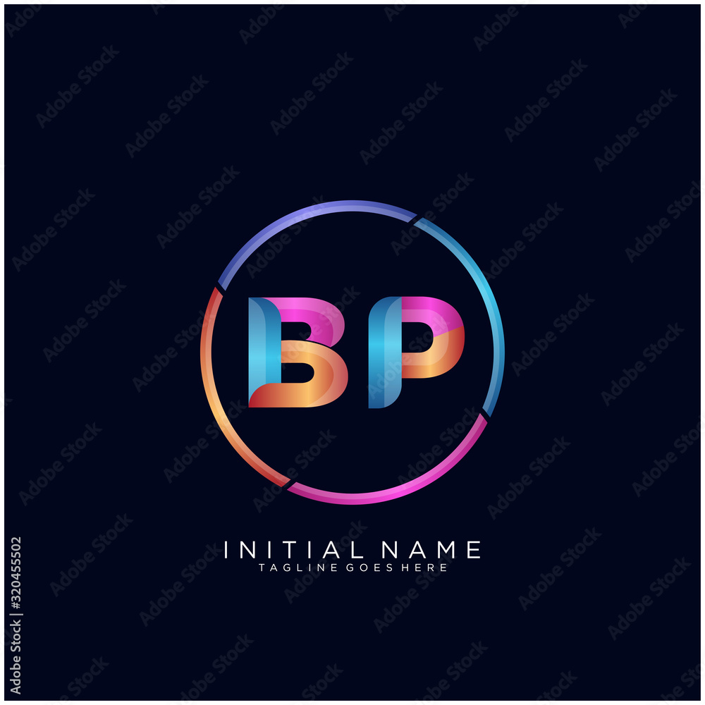 Initial letter BP curve rounded logo, gradient vibrant colorful glossy colors on black background