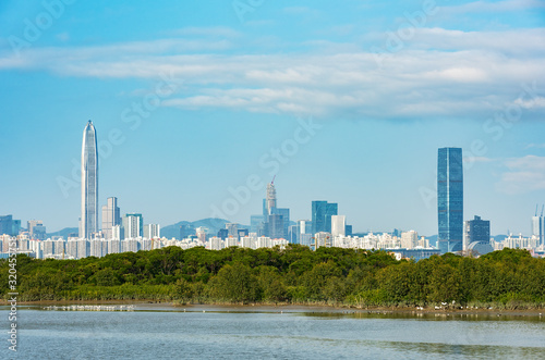 Skyline of downtown of Shenzhen city  China. Viewed from Hong Kong border