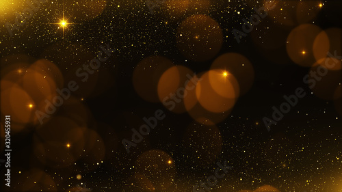 gold particles abstract background with shining golden Floating Dust Particles Flare Bokeh star on Black Background. Futuristic glittering in space.	