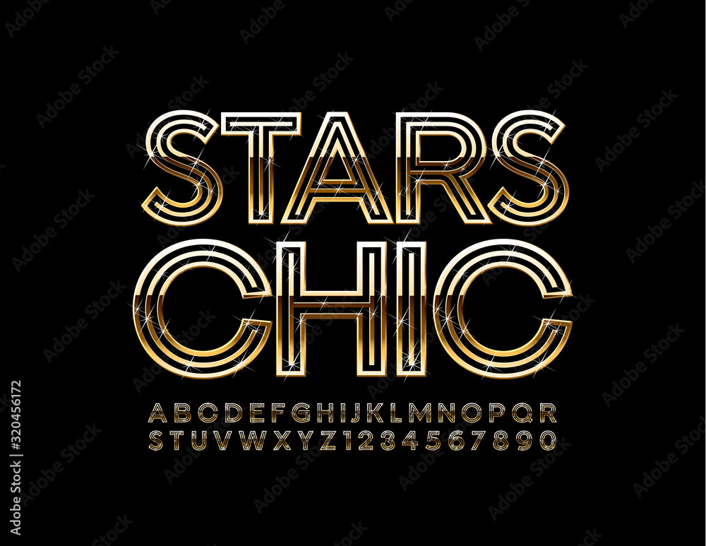 Vector bright logo Stars Chic. Golden Alphabet Letters and Numbers. Luxury stylish Font. Vector bright logo Stars Chic. Golden Alphabet Letters and Numbers. Luxury stylish Font.