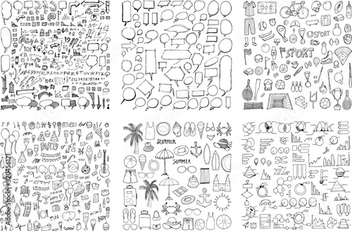 Big Set of Business, Speech, Sport, Party, Summer, Data Drawing illustration Hand drawn doodle Sketch line vector eps10