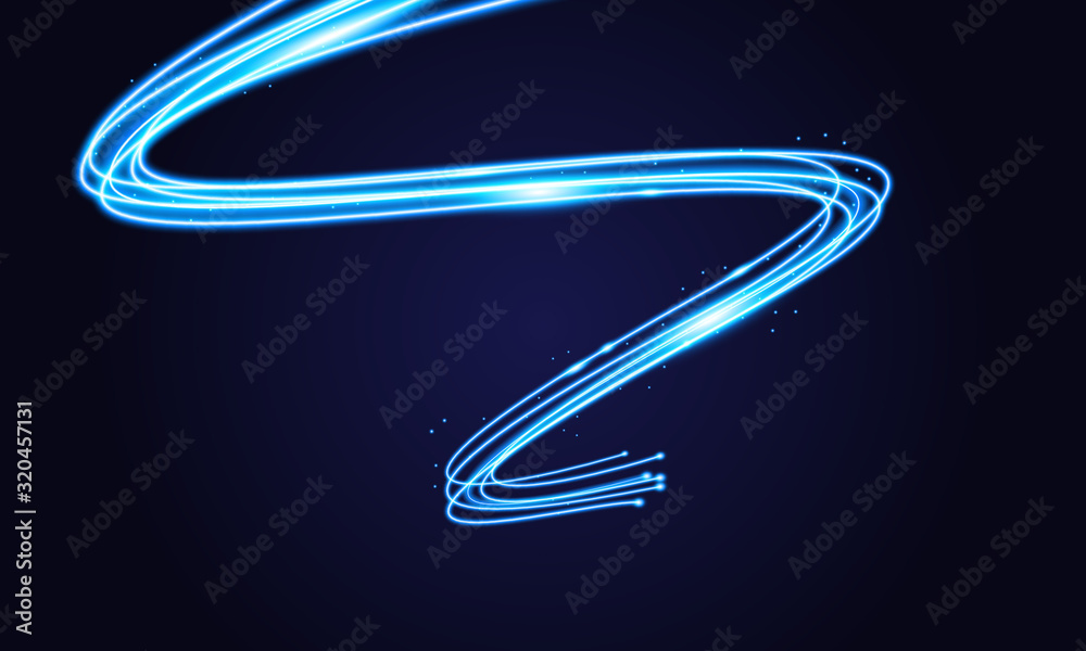 Blue swoosh neon wave over dark background. Shimmering waves with light effect and star dust trail. Blue swoosh design for web and print.