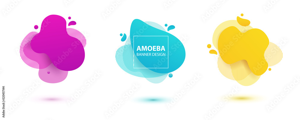 Amoeba liquid design. Dynamical colored forms of amoeba. Modern banner template for logo, flyer, presentation design. Yellow, red, blue colors.