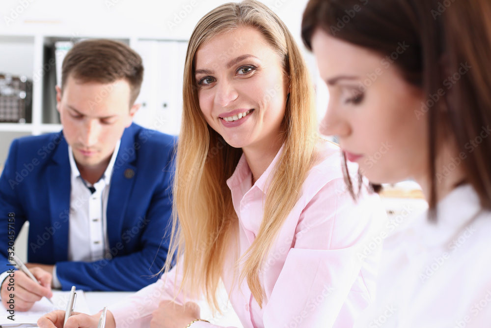 Group of people sit in office deliberate on problem portrait. White collar talk and listen idea discuss profit review sale market debate train lawyer document study finance adviser job concept