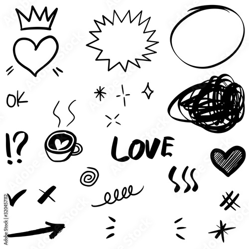 Hand drawn set elements, for concept design. doodle abstract isolated on white background . vector illustration.