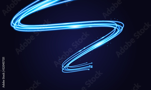 Blue swoosh neon wave over dark background. Shimmering waves with light effect and star dust trail. Blue swoosh design for web and print.