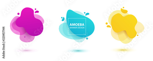 Amoeba liquid design. Dynamical colored forms of amoeba. Modern banner template for logo, flyer, presentation design. Yellow, red, blue colors.