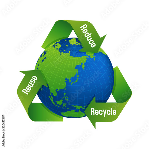 3 arrows around earth vector illustration ( recycle, ecology, 3R / recycle, reuse, reduce)