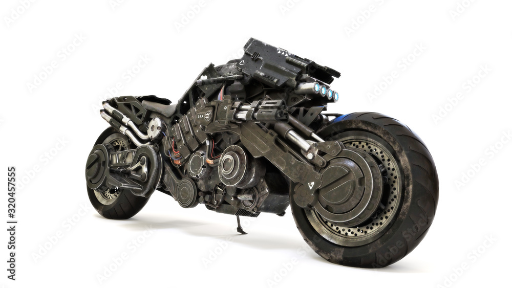Futuristic custom armored motorcycle concept on an isolated white background. 3d rendering Futuristic custom armored motorcycle concept on an isolated white background. 3d rendering
