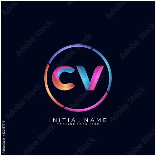 Initial letter CV curve rounded logo, gradient vibrant colorful glossy colors on black background