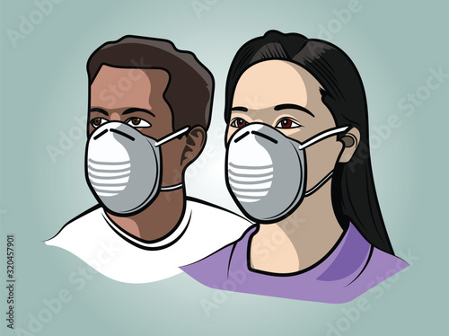 Safety Respirator Face Mask Vector Illustration - Man and Woman