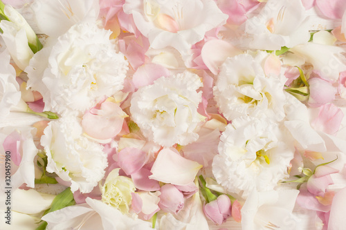background of pastel roses and eustoma flowers © Maya Kruchancova