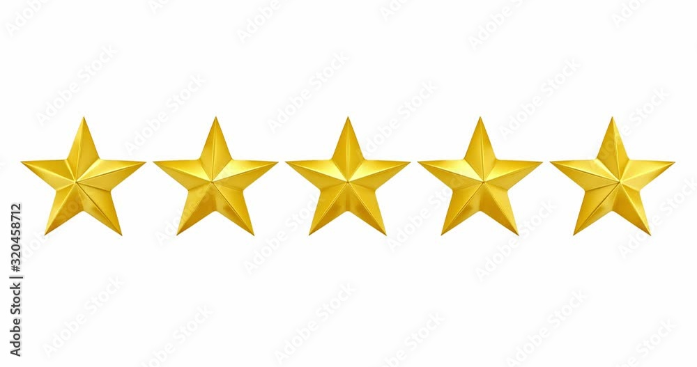Bright shine across five golden stars for five star rating or review, with mask. Loop. 3d render. Bright shine across five golden stars for five star rating or review, with mask. Loop. 3d render.