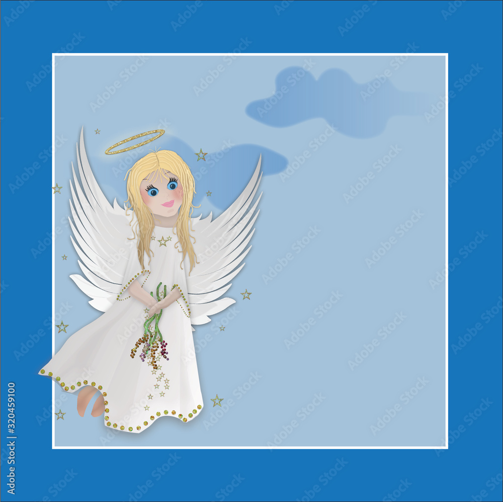 Sweet Blonde Angel with wings inside blue border.  Text Area with Clouds