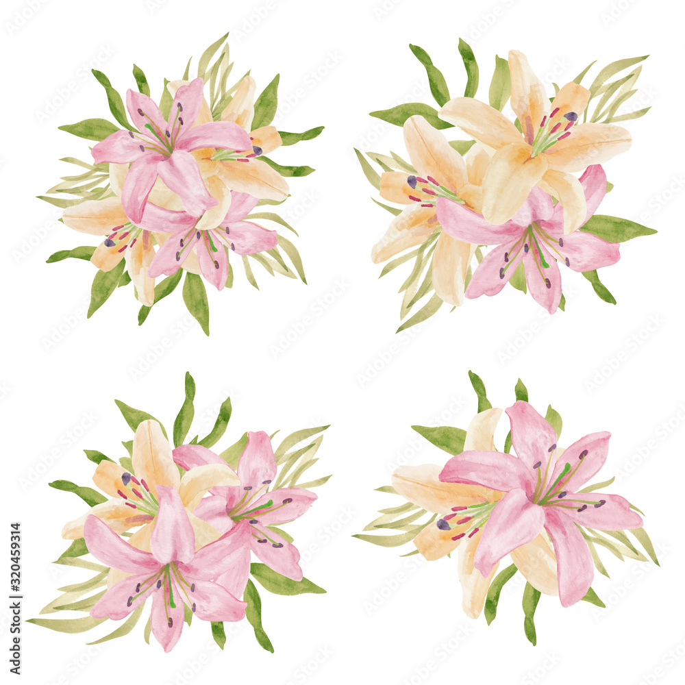 Watercolor lily tropical flower bouquet collection