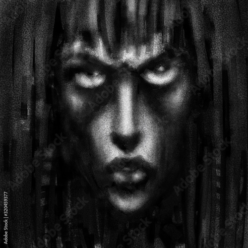 Face of a beautiful amazon on black background. Genre of horror fantasy. Creepy character head for Halloween illustration. Coal and noise effect. © likozor