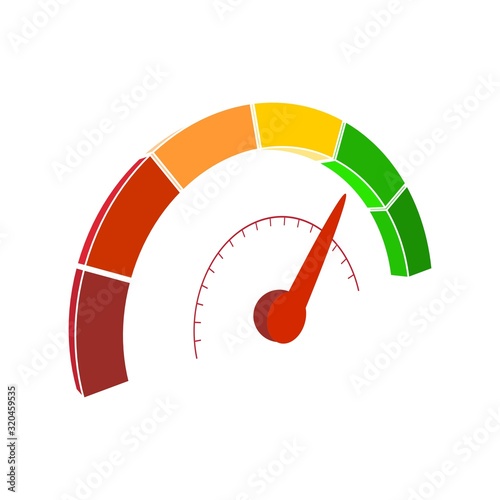 Color scale with arrow from red to green. The measuring device icon. Sign tachometer, speedometer, indicators. Vector illustration in isometric style. Colorful infographic gauge element