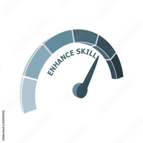 Scale with arrow. Enhance skill level measuring device icon. Sign tachometer, speedometer, indicators. Infographic gauge element.