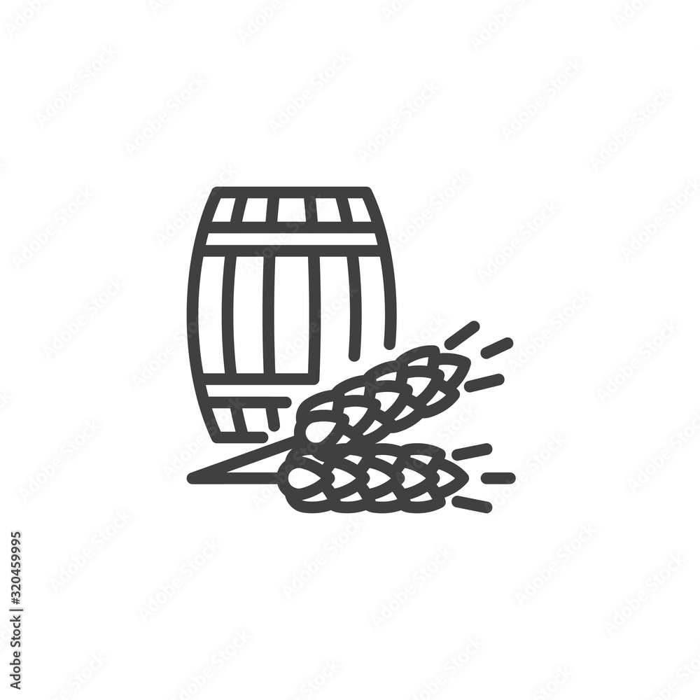 Malt beer barrel line icon. linear style sign for mobile concept and web design. Ears of barley and beer cask outline vector icon. Brewery symbol, logo illustration. Vector graphics Malt beer barrel line icon. linear style sign for mobile concept and web design. Ears of barley and beer cask outline vector icon. Brewery symbol, logo illustration. Vector graphics