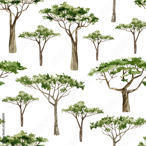 Watercolor Africa trees for baby. Hand drawn seamless pattern illustration of nature Acacia  southern trees in the savannah for the textile fabric  wrapping paper  scrapbook.
