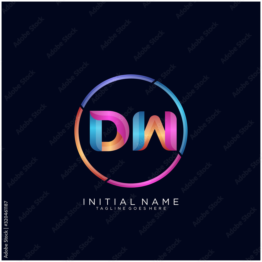 Initial letter DW curve rounded logo, gradient vibrant colorful glossy colors on black background