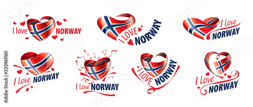 National flag of the Norway in the shape of a heart and the inscription I love Norway. Vector illustration
