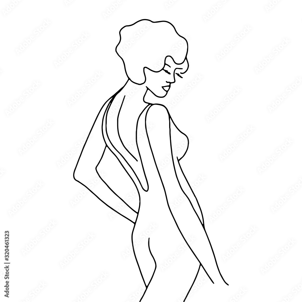Fototapeta premium Vector modern line art of woman. Vintage art deco hand drawn simple illustration for promotional items, posters, fashion t-shirt design, printing, posters, invitations, cards, leaflets. Isolated on