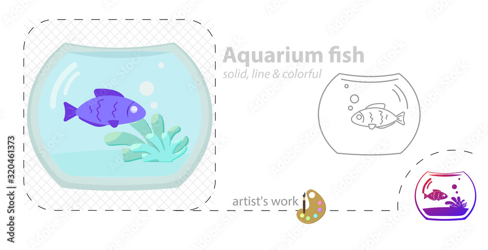 aquarium fish vector flat illustration, solid, line icon